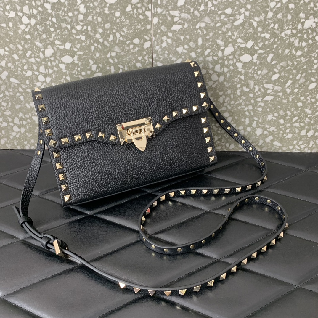 Valentino Garavani Rockstud Crossbody Bag in Black Grainy Calfskin